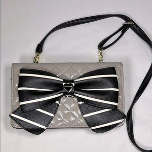 Betsey Johnson Tan Quilted Crossbody Bag with Black Bow Detail